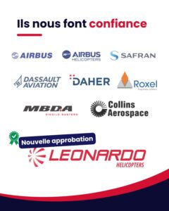 Aerometals & alloys est approuvé par Airbus, Airbus helicopters, safran, dassault aviation, daher, roxel, MBDA, Collin Aerospace, Leonardo Helicopters